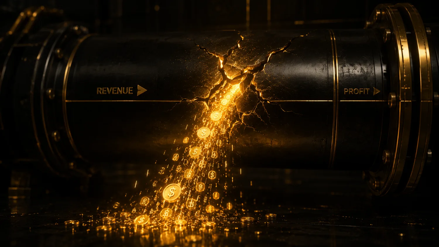 A pipeline with a glowing crack leaking gold coins
